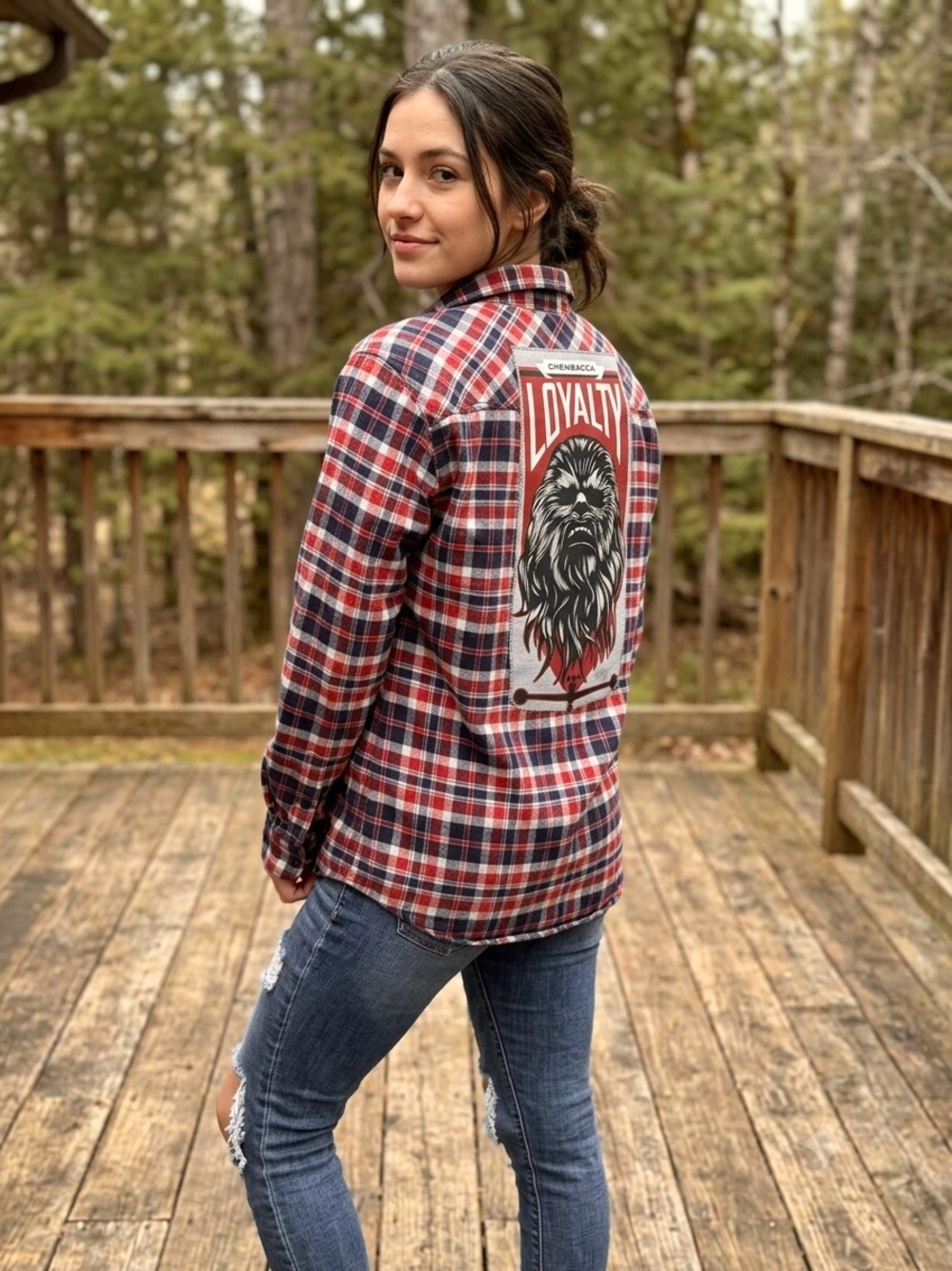 Red Plaid Casual Button-Down Shirt with Back Graphic